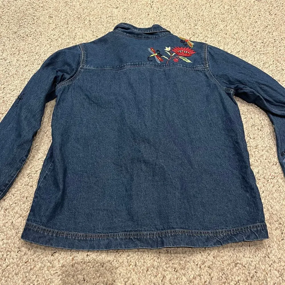 Quacker Factory Floral Embroidered Denim Shacket L Cottagecore Maximalist